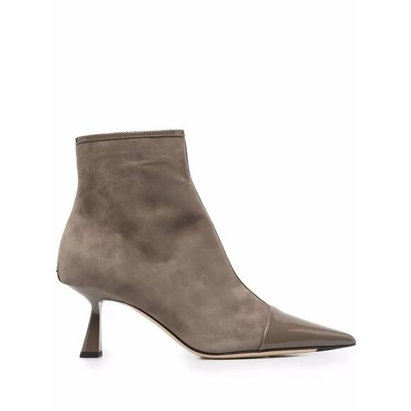 Jimmy Choo Kix Ankle Boot Point Patent Toe Clay Grey Taupe Suede Sculpt Heel 40f - Picture 1 of 13